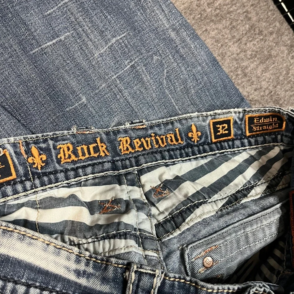 Rock Revival Edwin Straight Jeans Mens 32x33 Thrashed Distressed Y2K Repaired